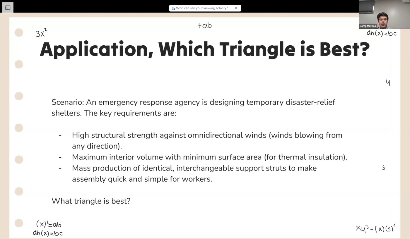 Camp slide asking which triangle is best for a disaster-relief shelter design