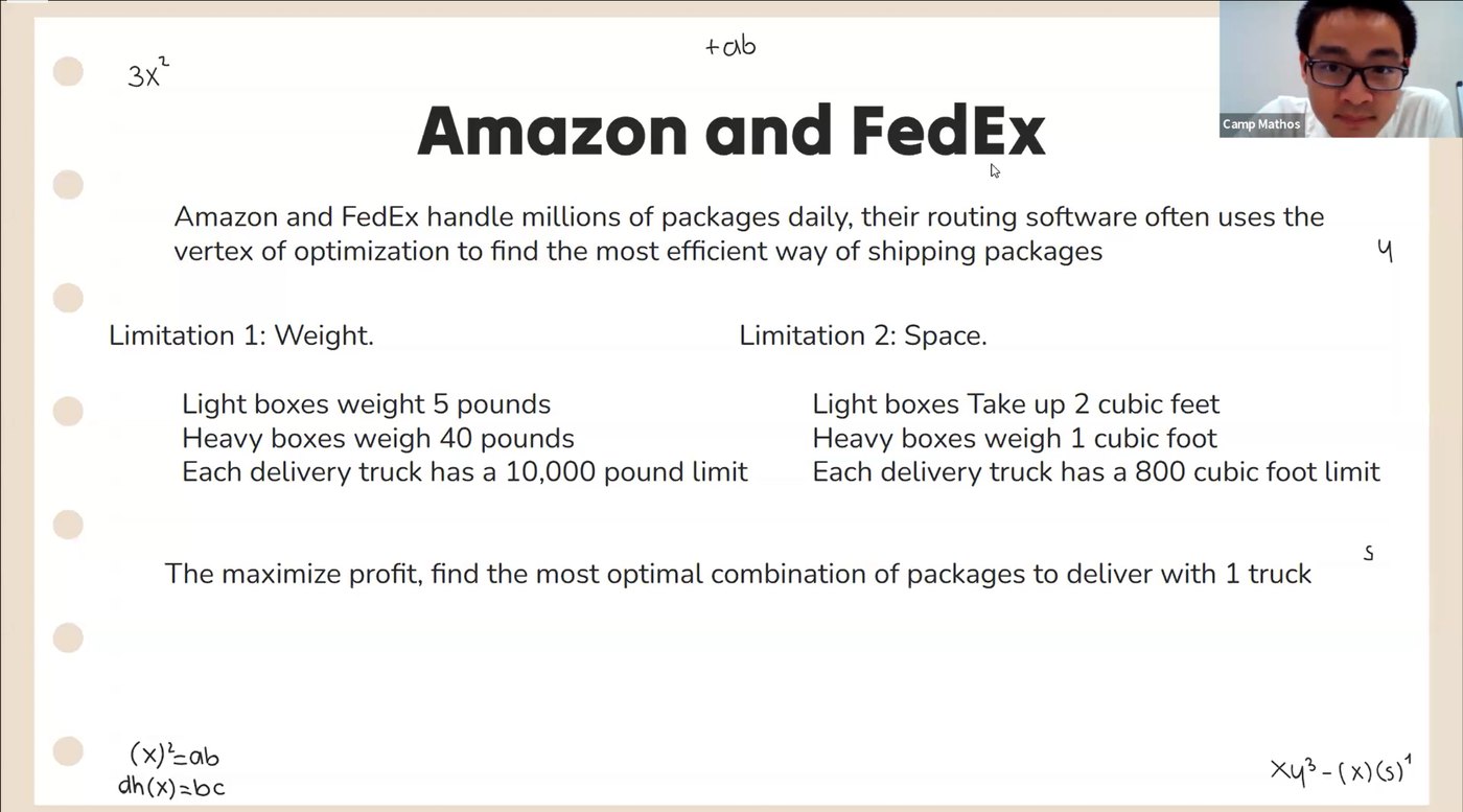 Camp slide titled Amazon and FedEx, framing package routing as an optimization problem with weight and space limits
