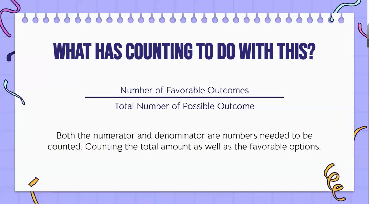 Camp slide asking what counting has to do with probability, with a probability formula