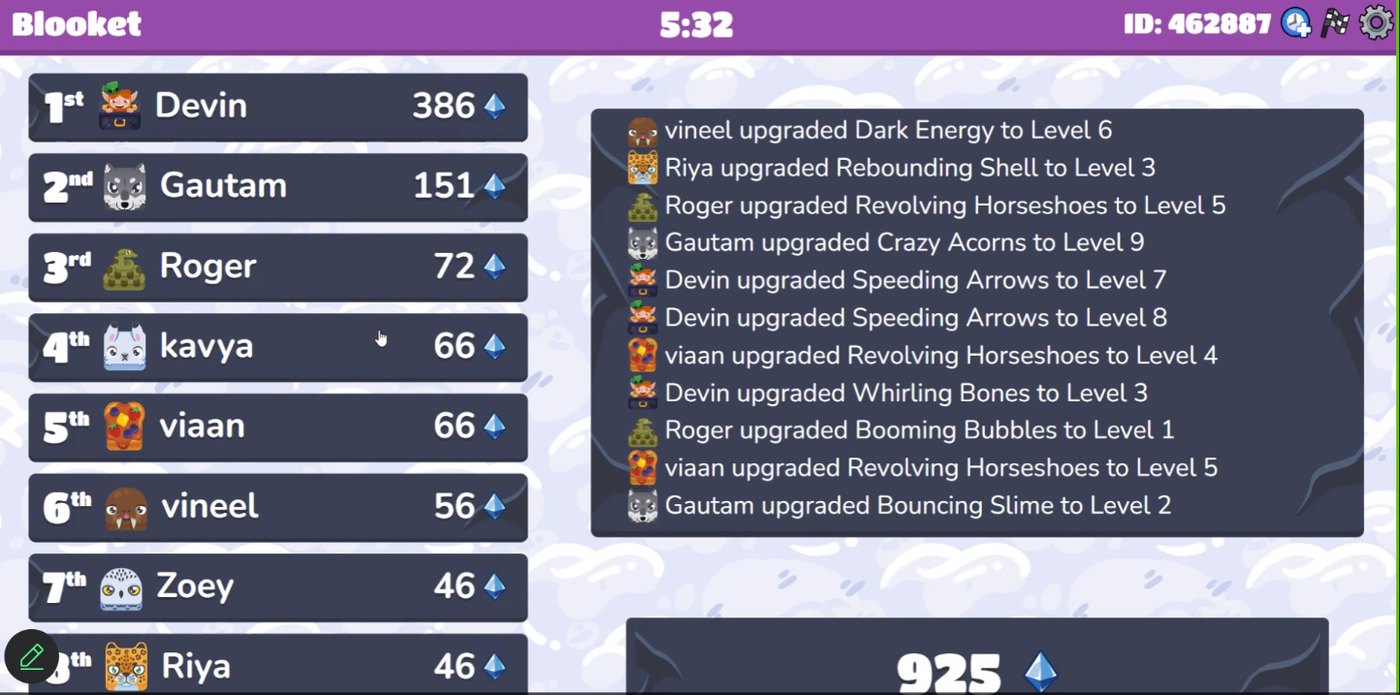 Live Blooket leaderboard with a feed of campers upgrading their in-game abilities