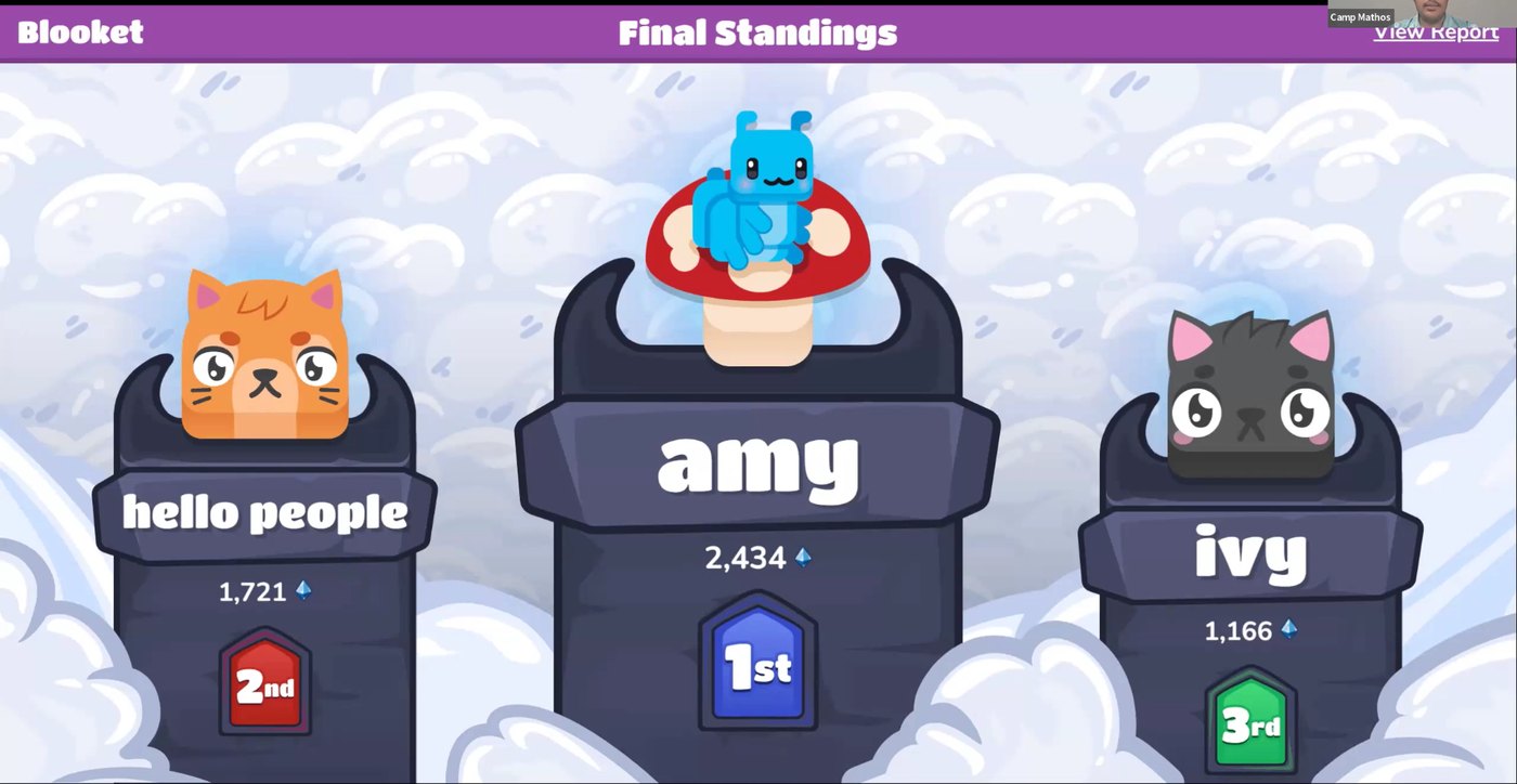 Blooket final standings podium from another camp review game